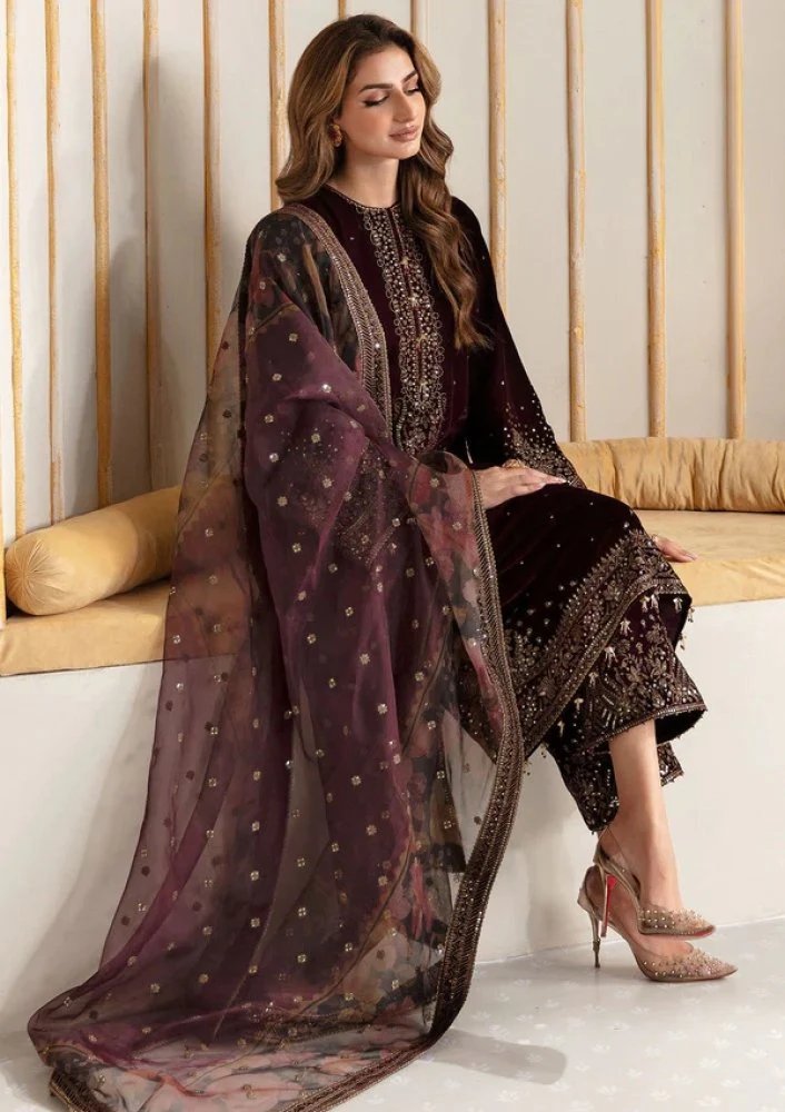 Velvet-3pc Embroidered with Organza Embroidered Dupatta-956