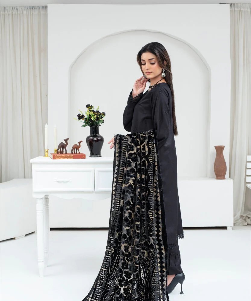 Dhanak 3PC Chikankari Embroidered Shirt With Velvet Plachi Shawl- 2107