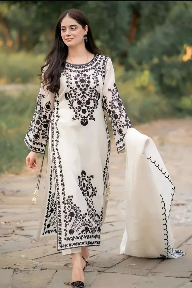 Dhanak 3PC Embroidered With Crinkle Chiffon Embroidered Dupatta-105