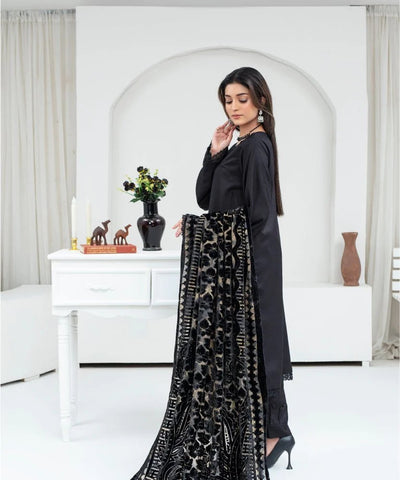 Dhanak 3PC Chikankari Embroidered Shirt With Velvet Plachi Shawl- 2107