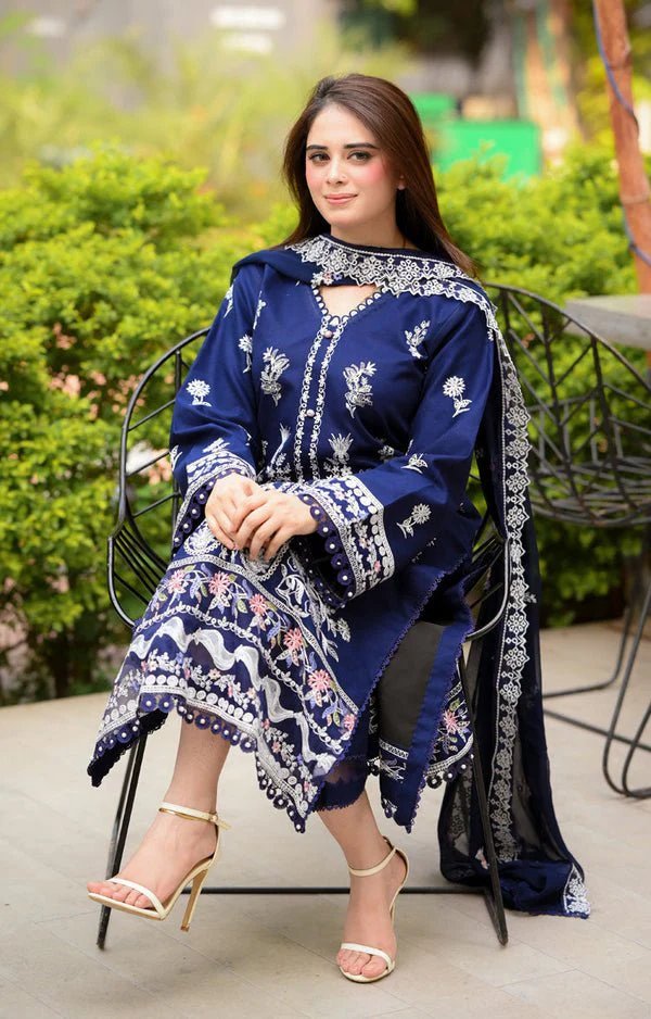 Dhanak-3PC Embroidered Shirt with Chiffon Embroidered Dupatta-3460