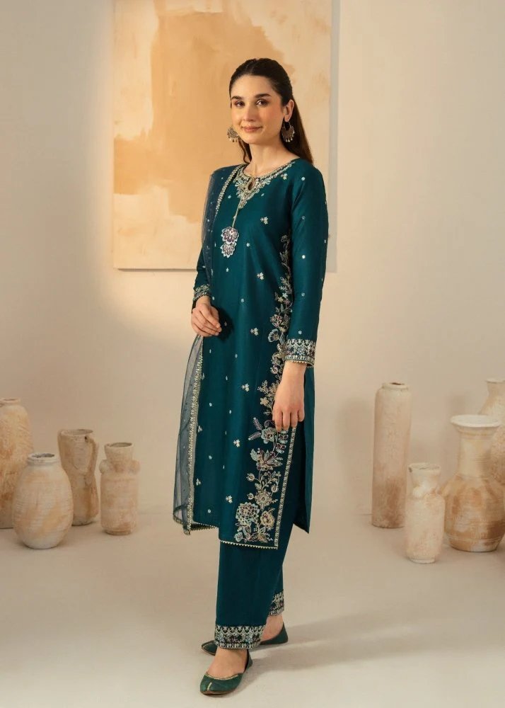 Dhanak-3PC Embroidered Shirt with Chiffon Embroidered Dupatta - 3531