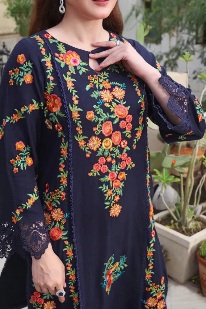 Dhanak-3PC Embroidered Shirt with Digital Printed Wool Shawl - 3545