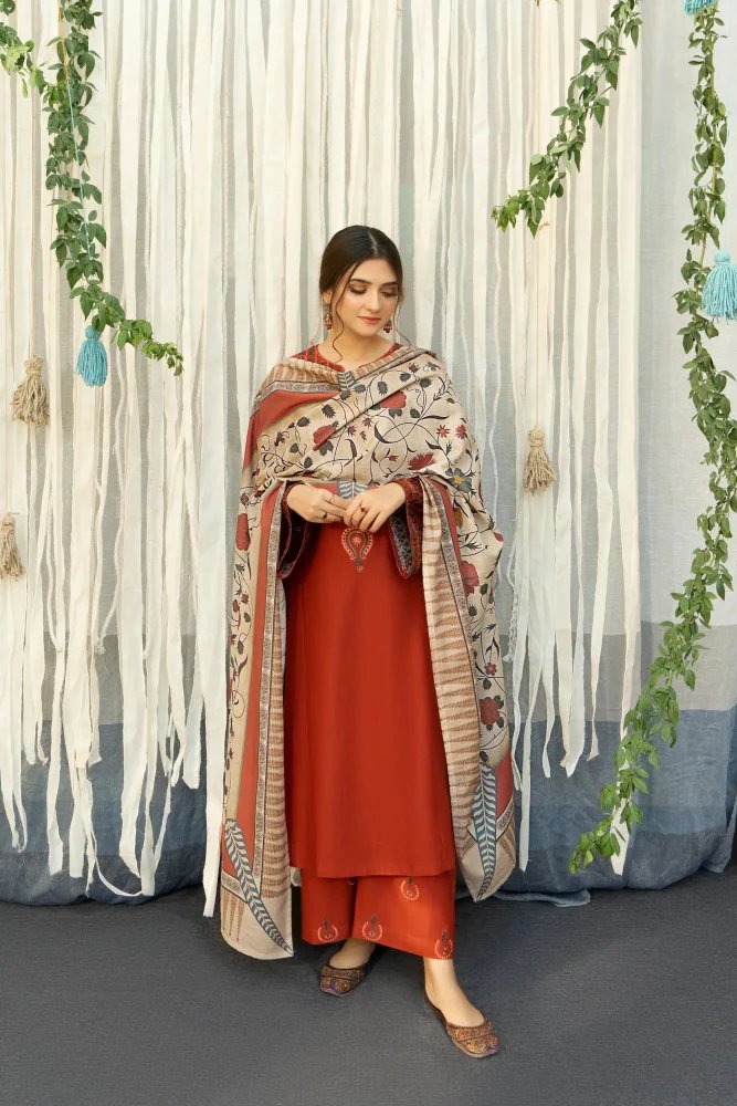 Dhanak 3PC Embroidered With Digital Printed Shawl-651