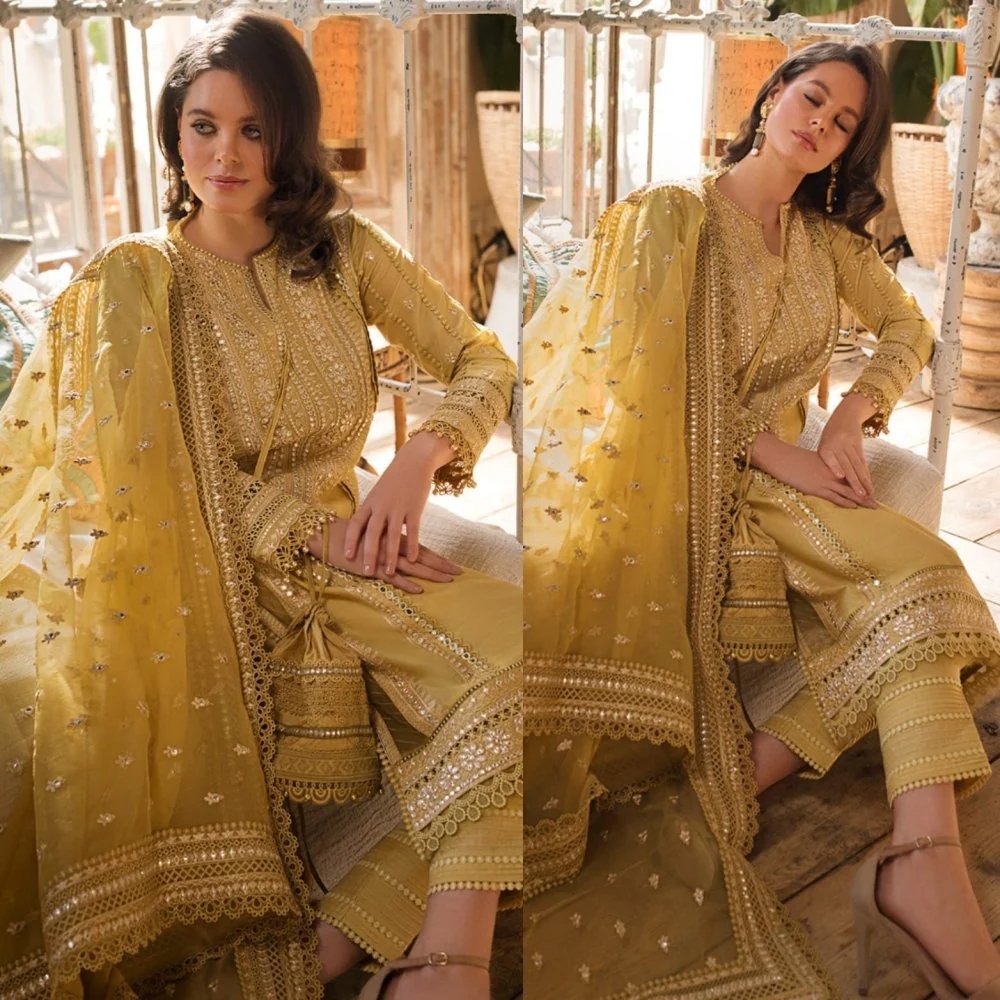 Linen 3PC Embroidered with Organza Sequins Embroidered Dupatta -583