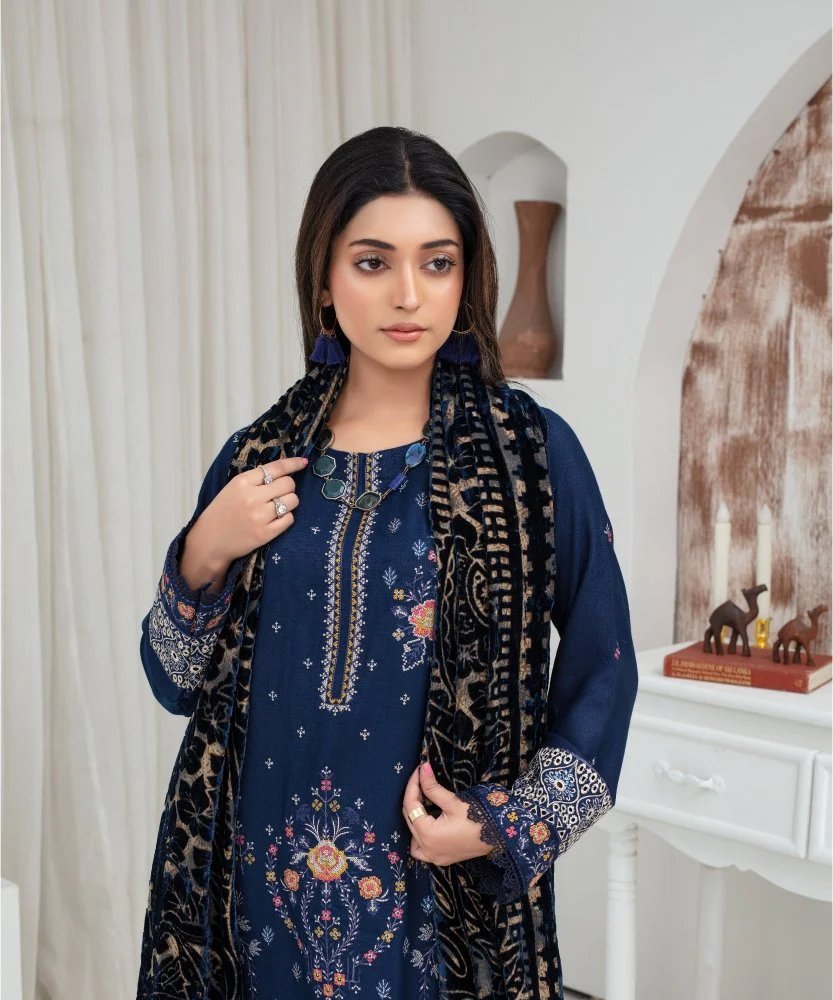 Dhanak 3PC Chikankari Embroidered Shirt With Velvet Plachi Shawl- 2103